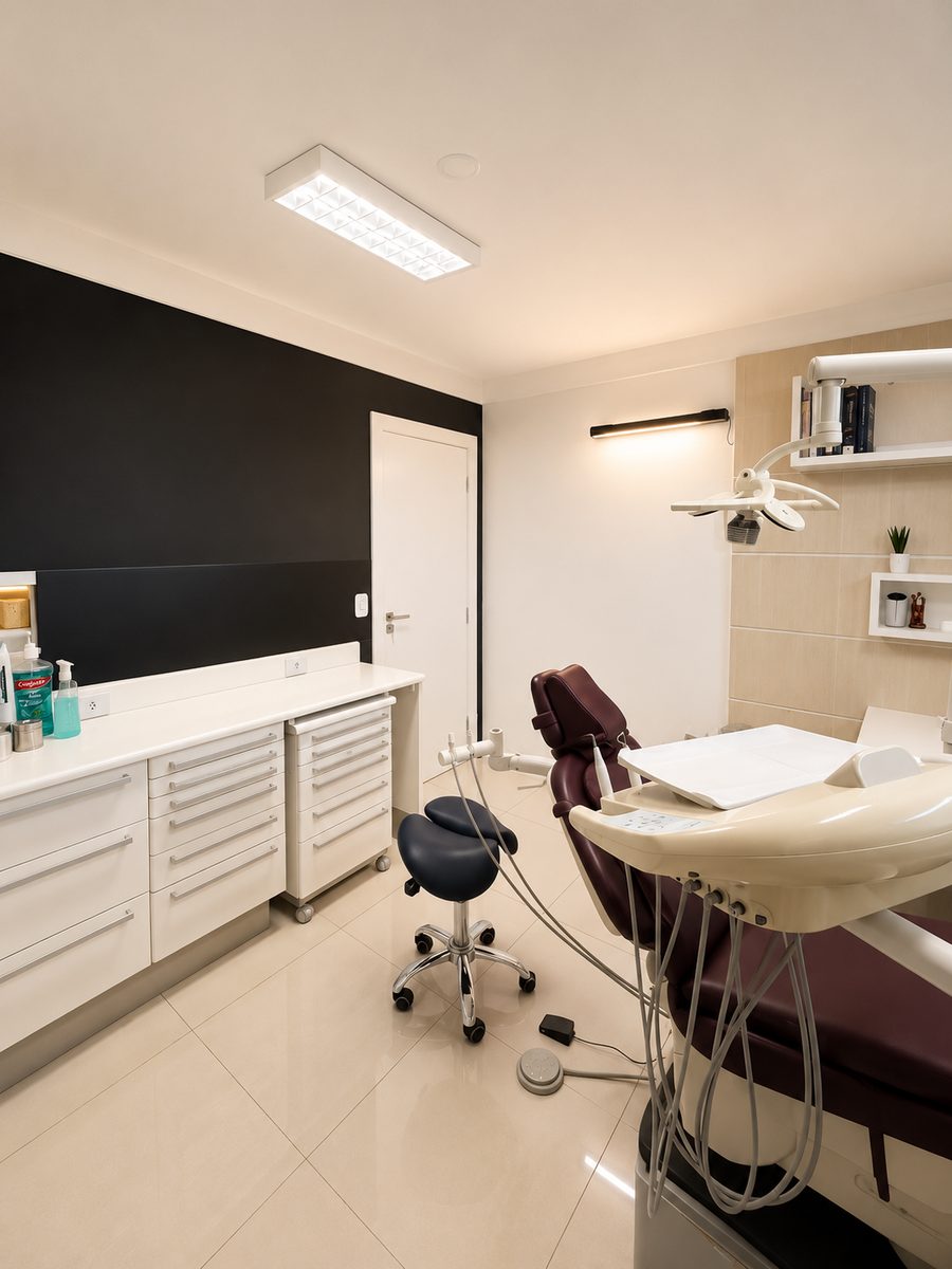Consultório da Clinidente com cadeira e equipamentos
